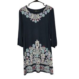 KC Dress Size M Straight Pencil Blue Loud Statement Patterned Long Sleeve Cuff